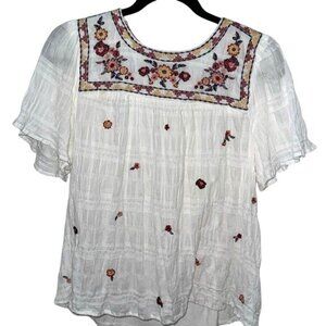Knox Rose Womens Embroidered Floral Boho Top S White & Multicolor